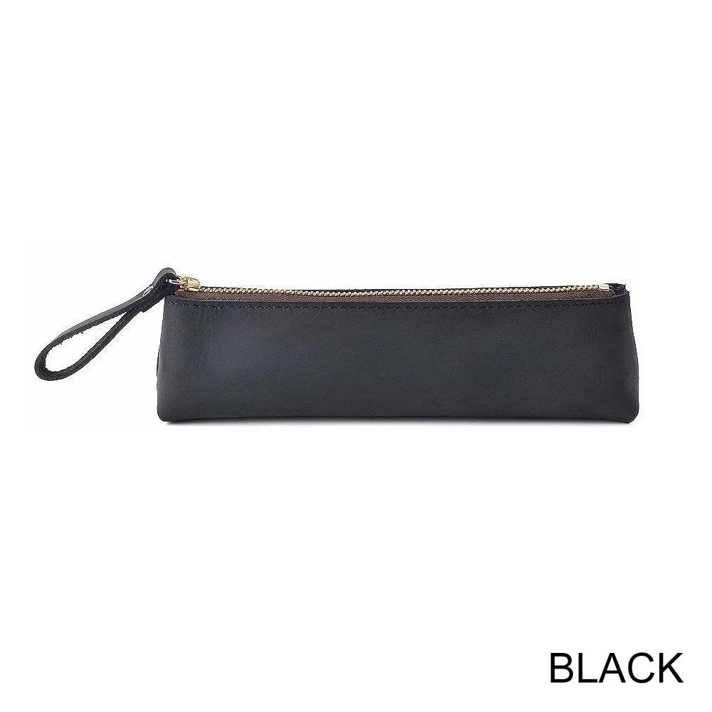 Genuine Leather Zipper Pen Case Pencil Bag Large Capacity Vintage Crazy Horse Leather Handmade Creative School Stationary