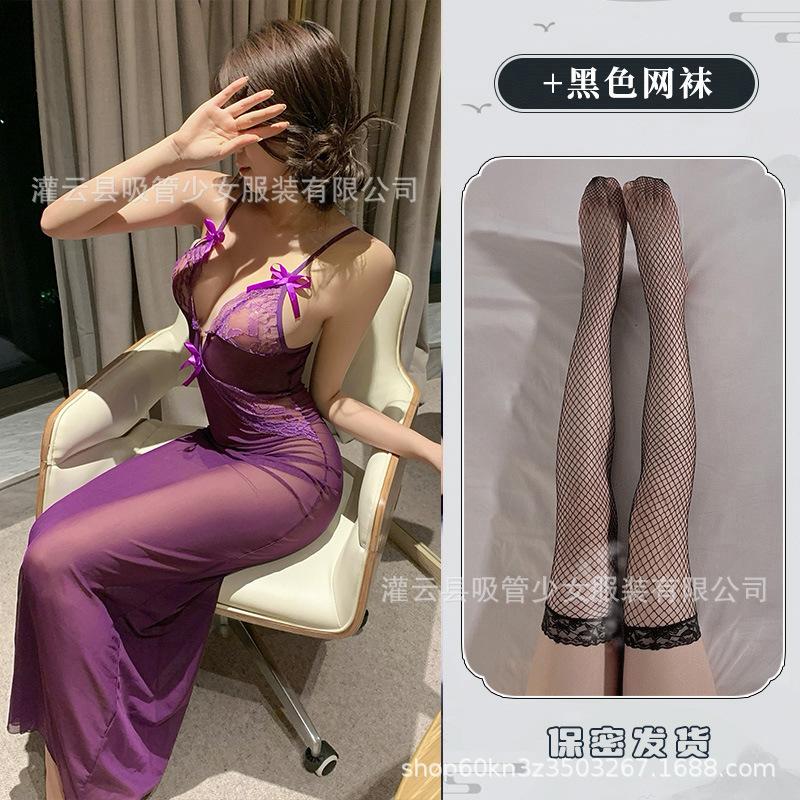 Sexy mesh perspective seduction slim dress sexy lingerie deep V hot