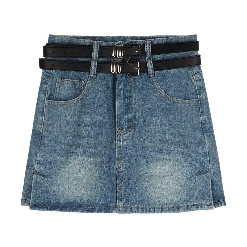 Spicy Girl High Waist Retro Slit Denim Skirt with Double Belt - Women's Summer A-line Mini Skirt