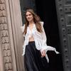 French classic retro white Tencel perspective versatile temperament V-neck horn sleeve commuter ruffle edge shirt women