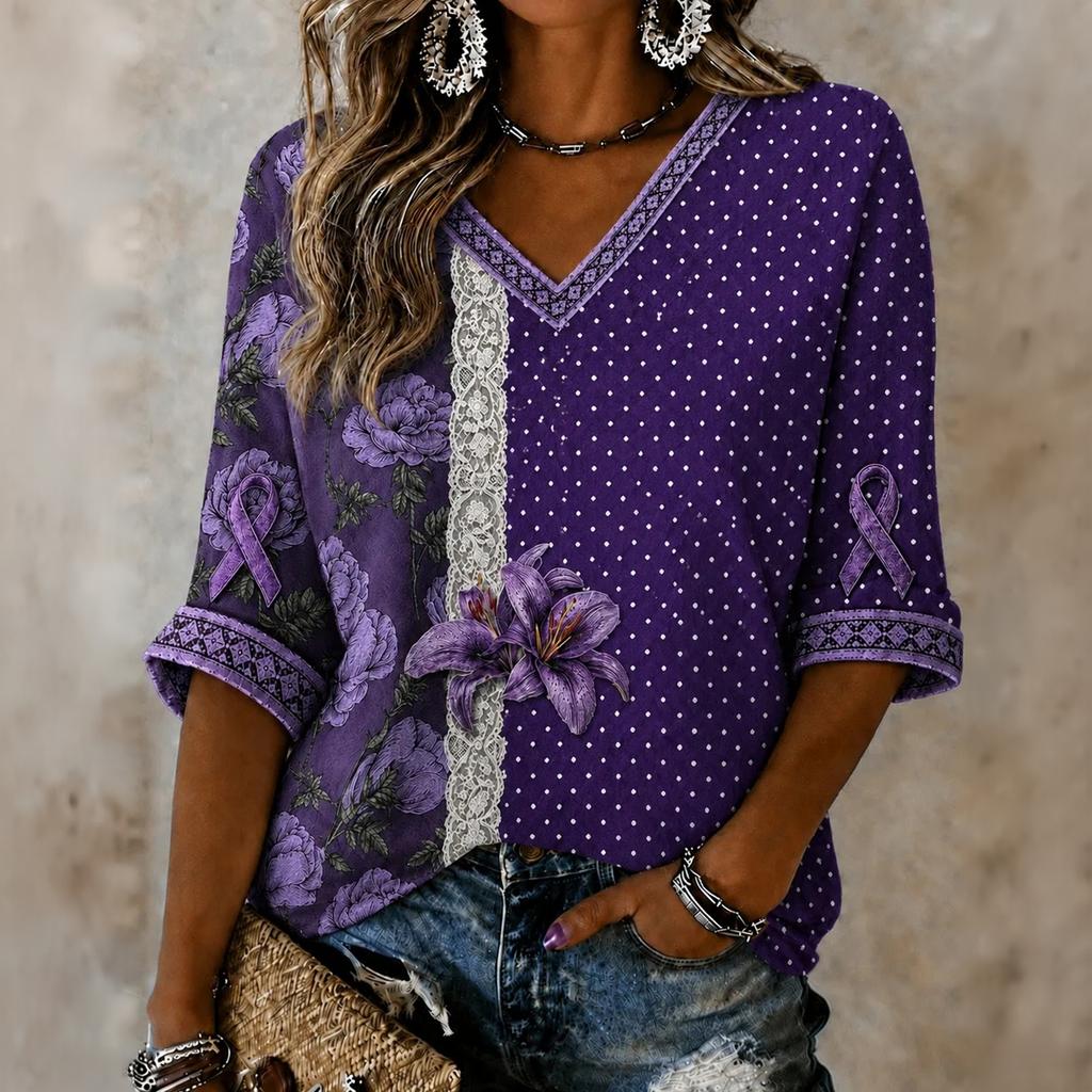 Women's 3D Printed Loose Fit V-Neck Three-Quarter Sleeve T-Shirt Top