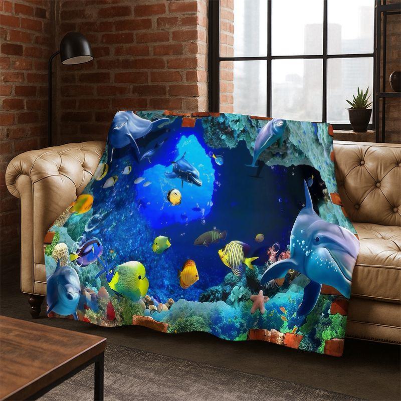 3D Illusion Underwater World Marine Life Shark Dolphin Cartoon Flannel Blanket Throw Blanket for Bedroom Living Room Bed Travel