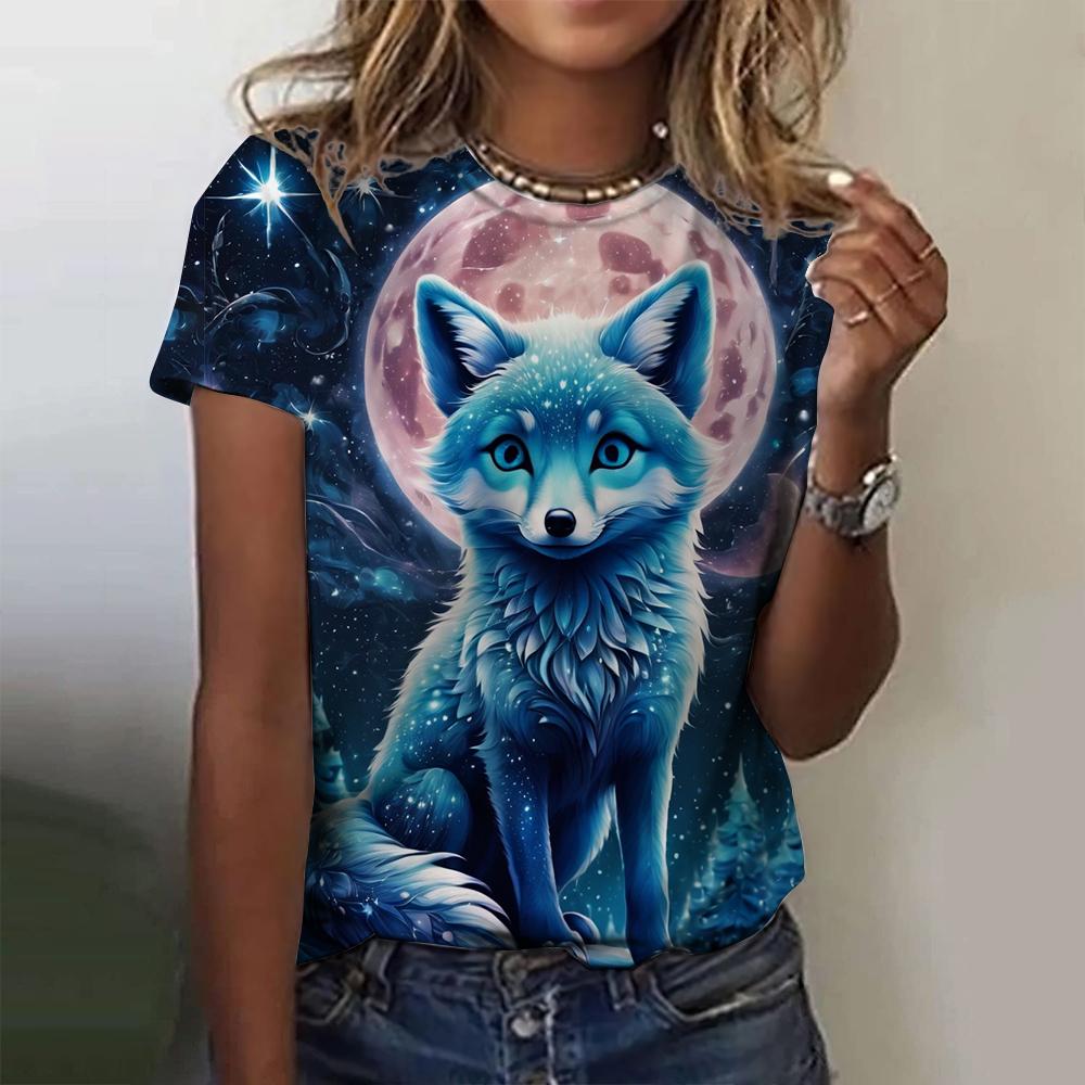 

New T-shirt Women Cute Fox Print O Neck Loose Short Sleeve Fashion Animal Graphic Summer Loose T-shirt 6XL