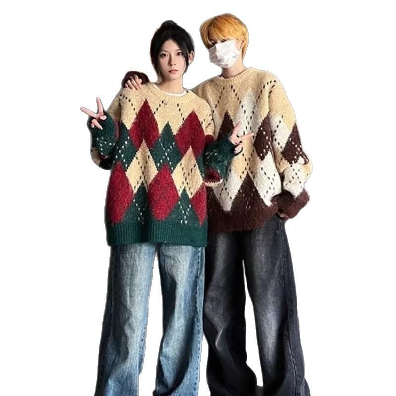 Womens Vintage Christmas Argyle Sweater Loose Lazy Knit Top Thick Stylish Fall Winter