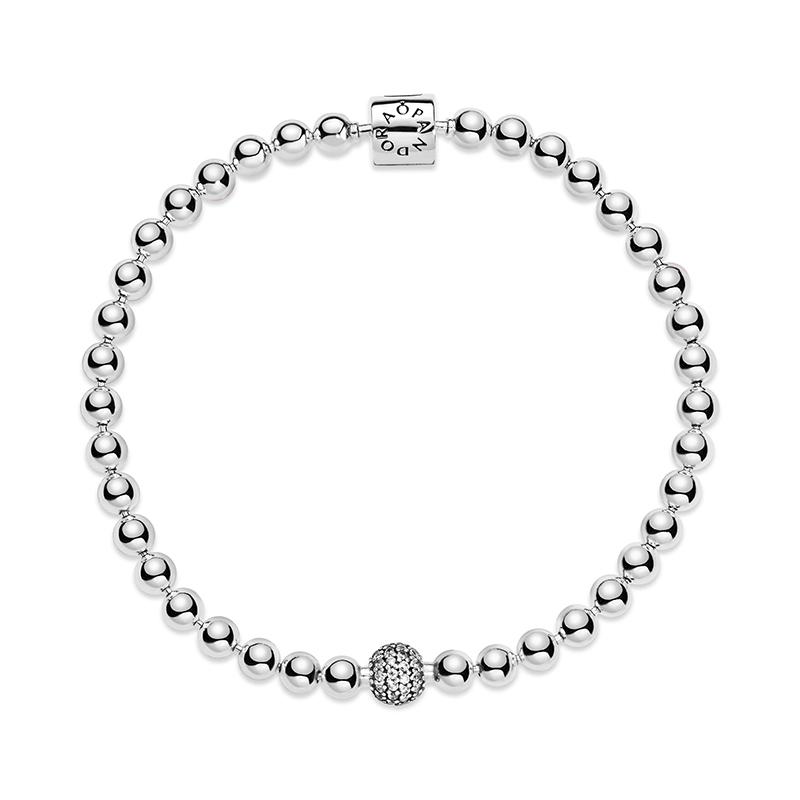 Pandora Pave Beaded Diy Plain Chain 925 Silver Cubic Zirconia Bracelet Women's Style Silver 17 Mirror Jewelry Box