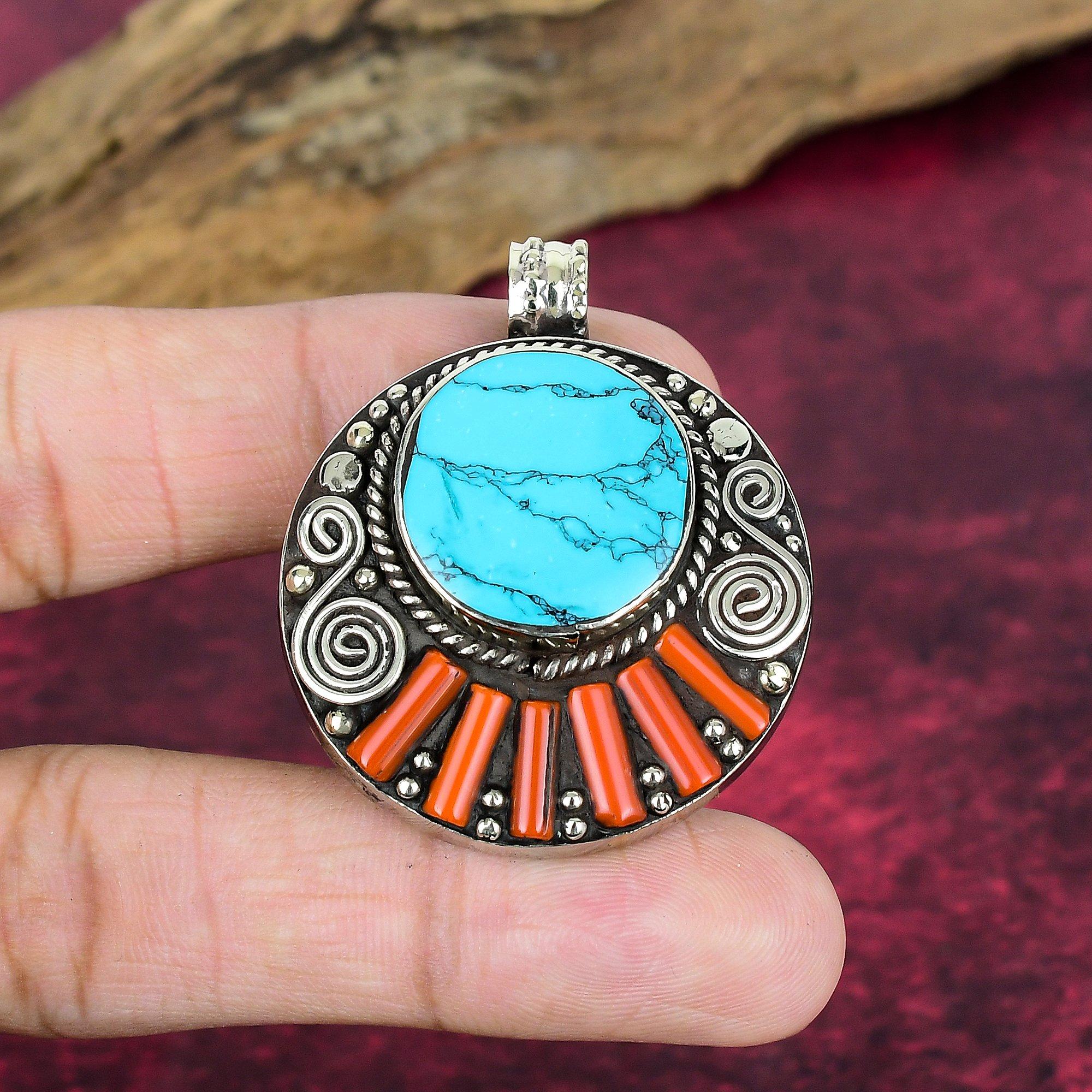 

Кулон из голубой бирюзы и коралла, Ювелирные изделия из стерлингового серебра 925 пробы, Кулон ручной работы в непальском стиле, На День благодарения