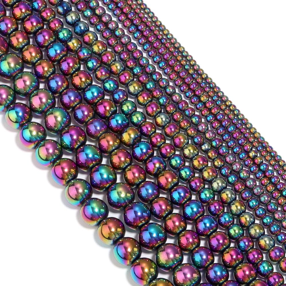 1 String Hematite Stone Beads 2 3 4 6 8 10mm Electroplated Colorful Spacer Round Beads Diy Charm Necklace Bracelet Jewelry