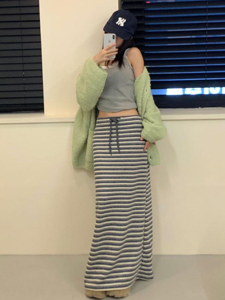 Korean Striped Color Block Lace-up Long Skirt - Spring/Autumn 2026 Collection