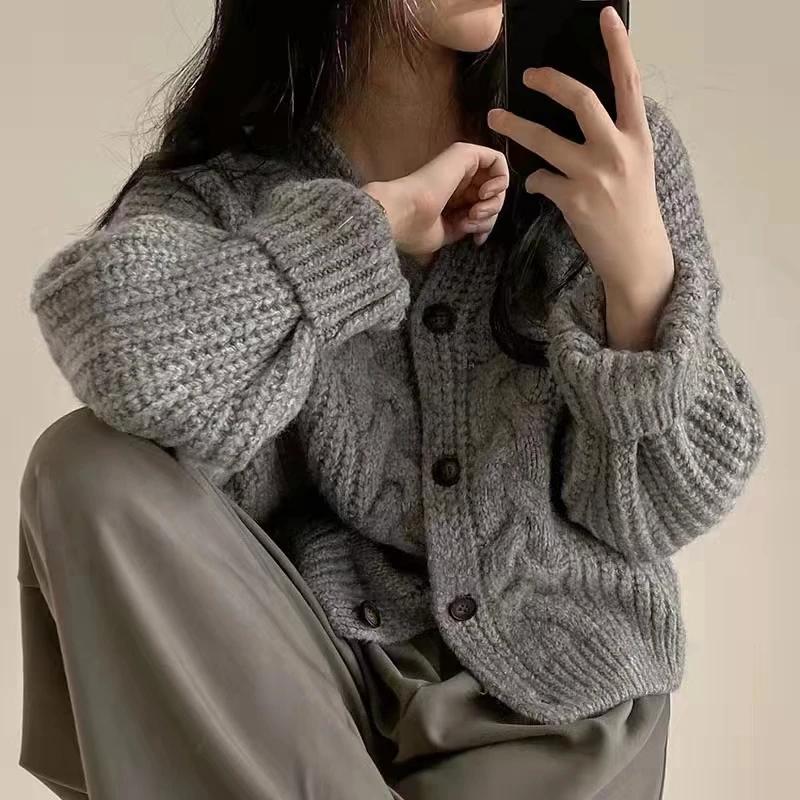 Autumn Winter Warm Long Sleeve Knitted Cardigan Women V-neck Loose Sweater Autumn Elegant Solid Color Casual Knitted Top