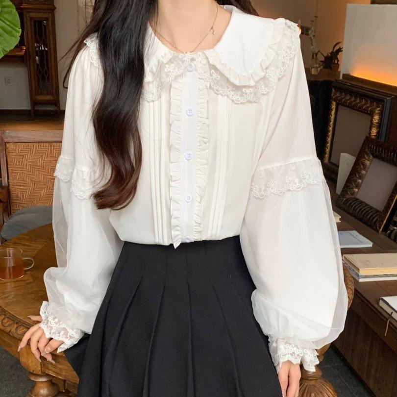Cute Peter Pan Collar Lace Splicing Shirts Girls Long Sleeve Sweet Top White Lolita Shirt Elegant Women Kawaii Blouses Y2k Clothes