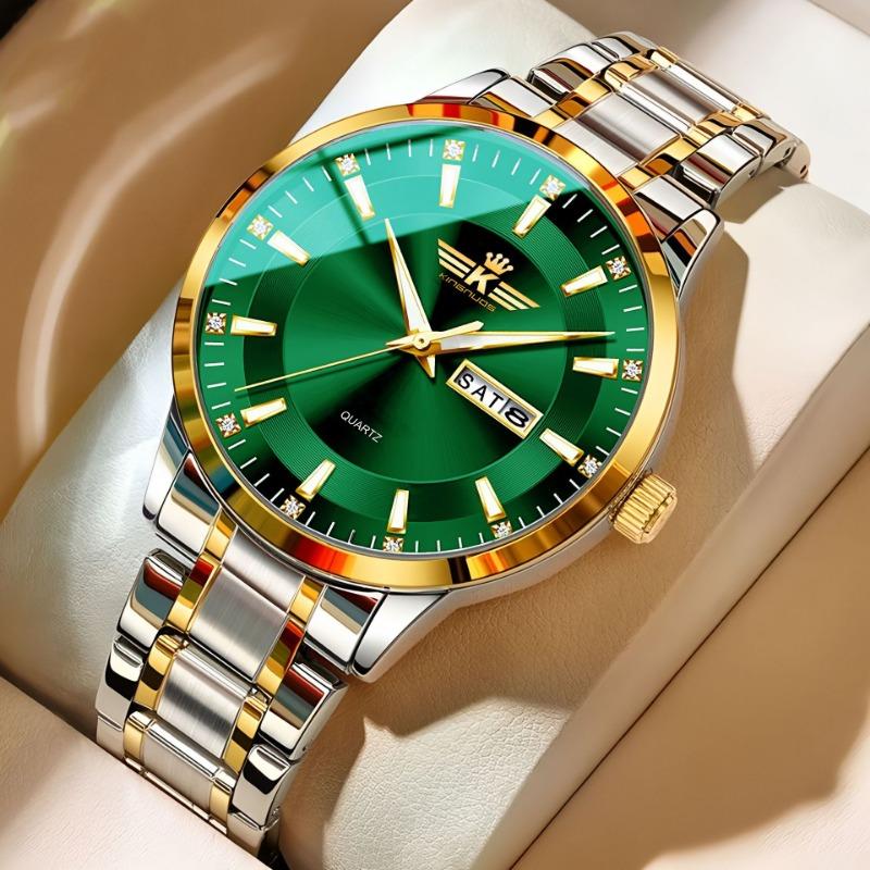 Top Brand New Men's Steel Band Waterproof Quartz Double Calendar Watch Luminous Scale Cross-Business Wristwatch