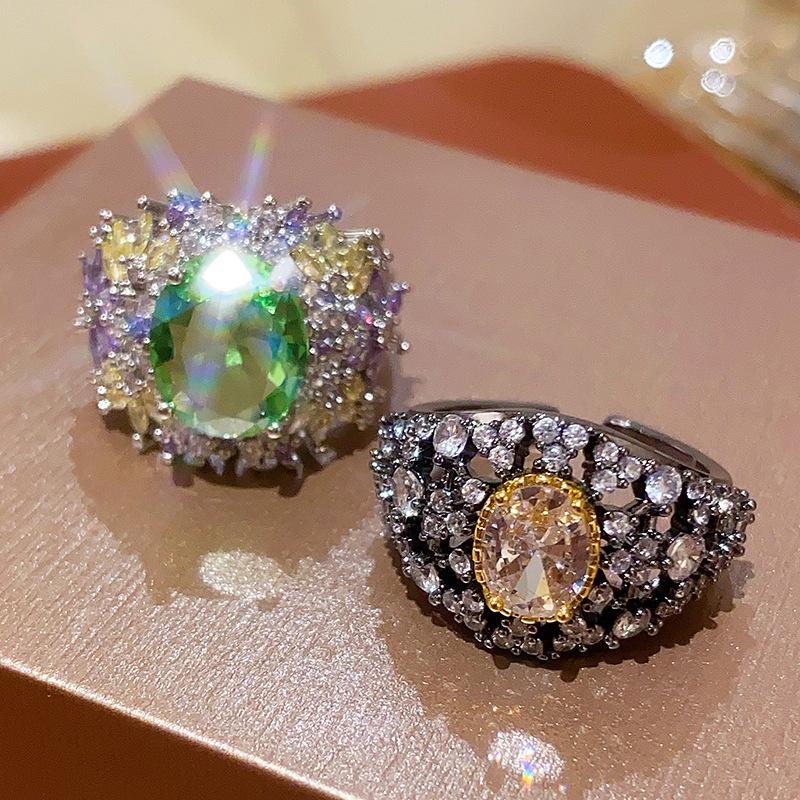 Exquisite Retro Zircon Flower Oval Open Ring: Sparkly, Fashionable & Versatile Index Finger Jewelry