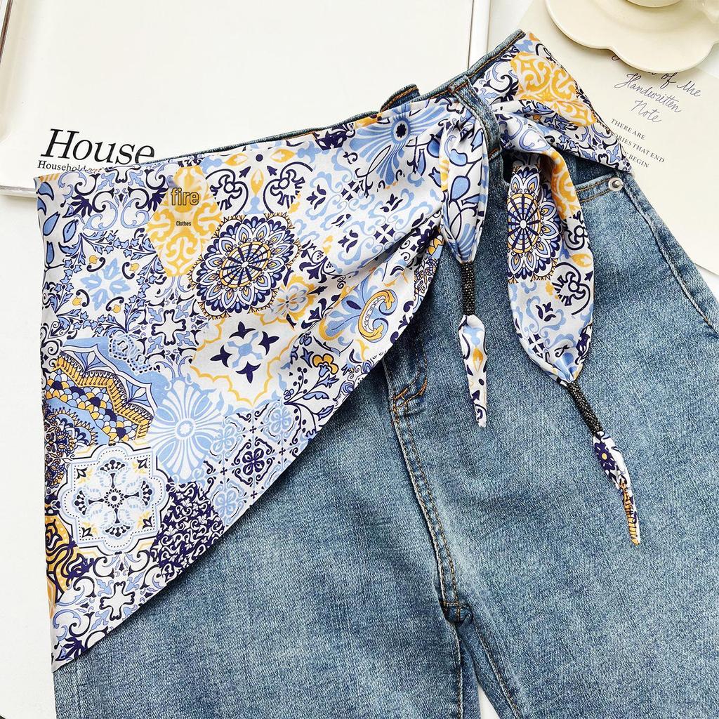 Všestranný etnický hedvábný šátek: Dámský pásek na zavazování v pase, trojúhelníkový pásek a cestovní doplněk