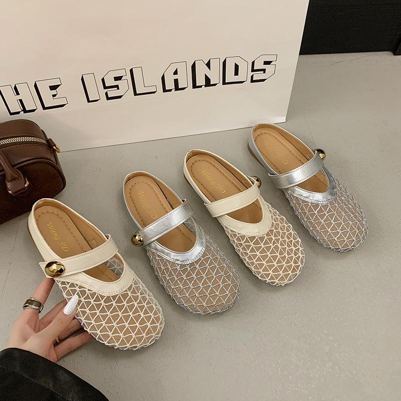 Plokščiapadžiai prancūziški maišelio formos priekio batai, pusiau šlepetės, lauko avalynė moterims, nauji tinkliniai kvėpuojantys ir patogūs minkštapadžiai sandalai 2025 m. vasarą