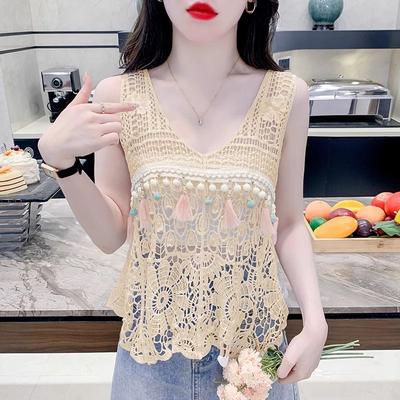Retro Crocheted Hollowed-out Lace Camisole Vest Chic Tassel Sleeveless Outer Cover Top In Summer
