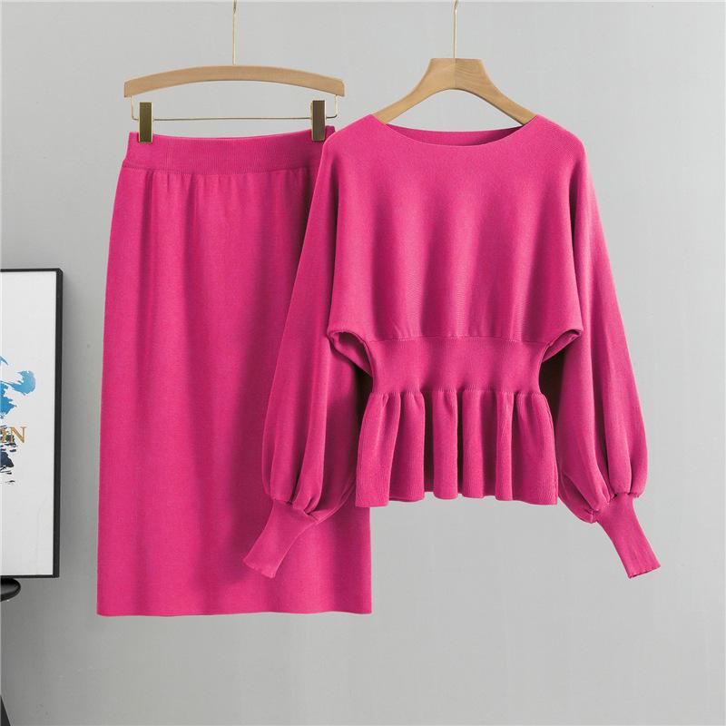 European Lantern Sleeve Bodycon Midi Skirt Set - French Socialite Style