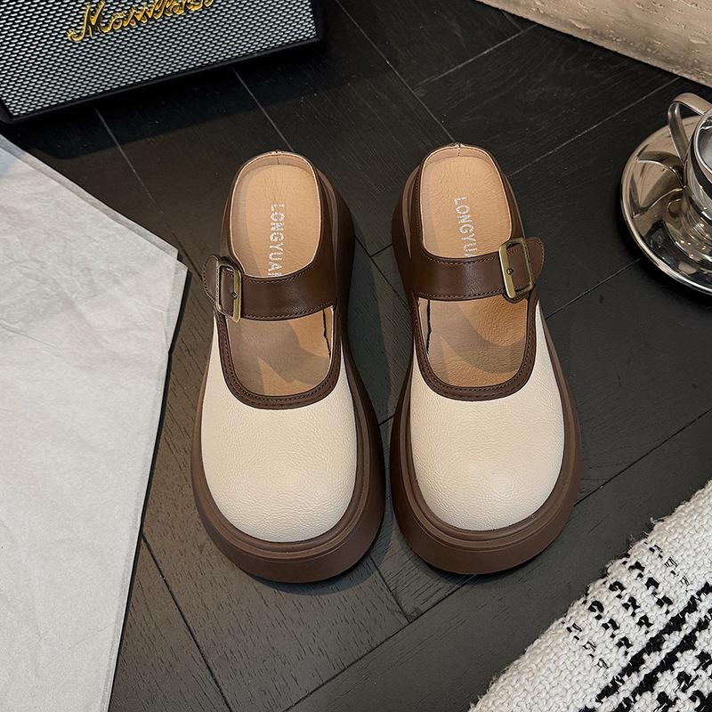 pu leather thick bottom height increase versatile women s new spring and summer women s outer wear slippers bag head slippers half drag 40 бежевый 3370₽