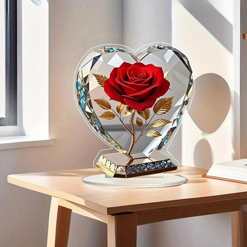 2D Acryl Rote Rose Ornament Farbe Gedruckt Herzförmig Schreibtisch Dekoration Ornamente Kreativ Geburtstag Valentinstag Geschenk