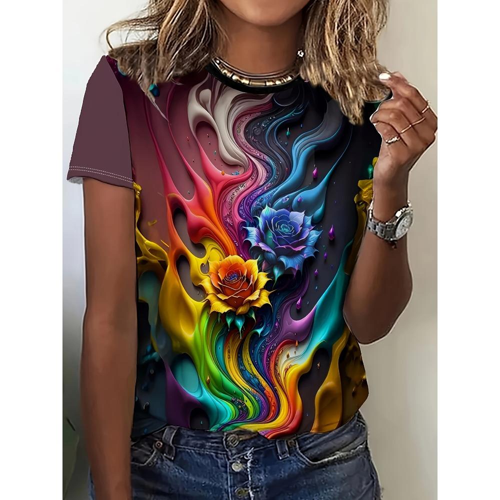 2025 New Summer Women's Black and White Swan Print T-shirt Round Neck Short Sleeve Street Casual Daily Basic Tops