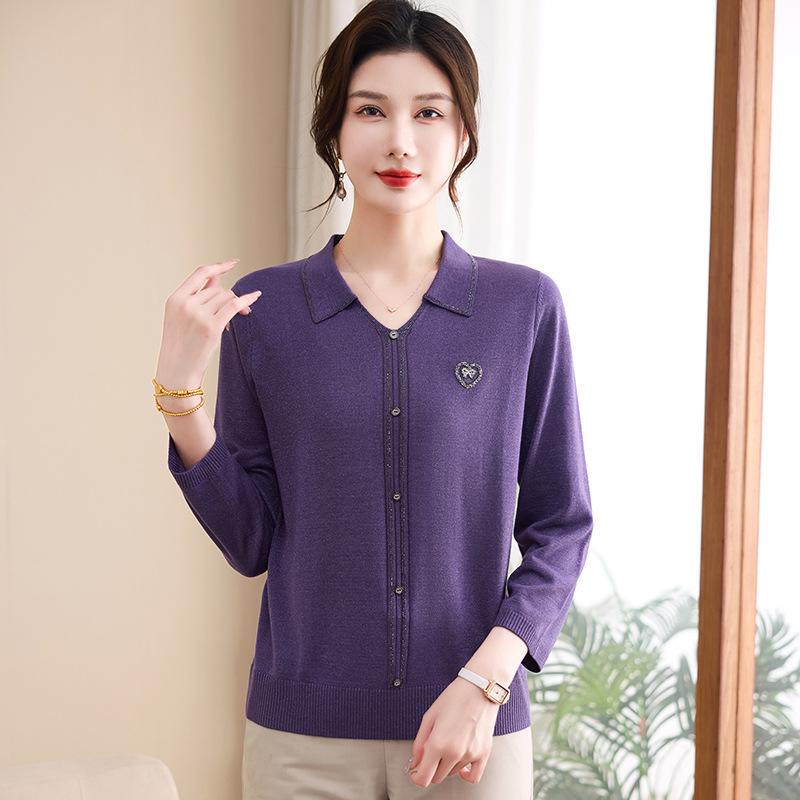 Spring & Autumn Nine-Sleeve Plus Size Knitwear for Middle-Aged Women, Lapel Wool Base Layer T-shirt