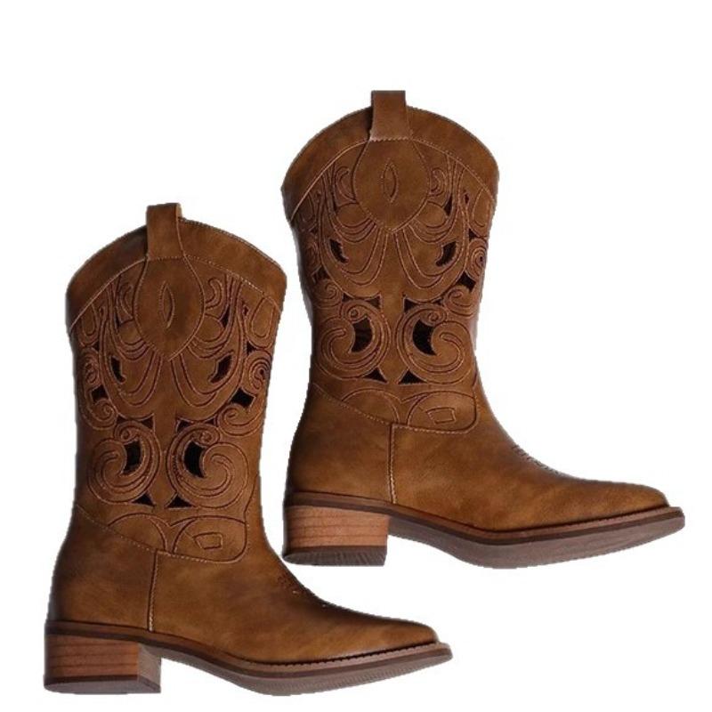 

Женские ретро новые полусапожки с квадратным носком и полым голенищем, на толстой подошве, в стиле медиум-локомотив, на толстом каблуке, универсальные западные сапоги 35 коричневый