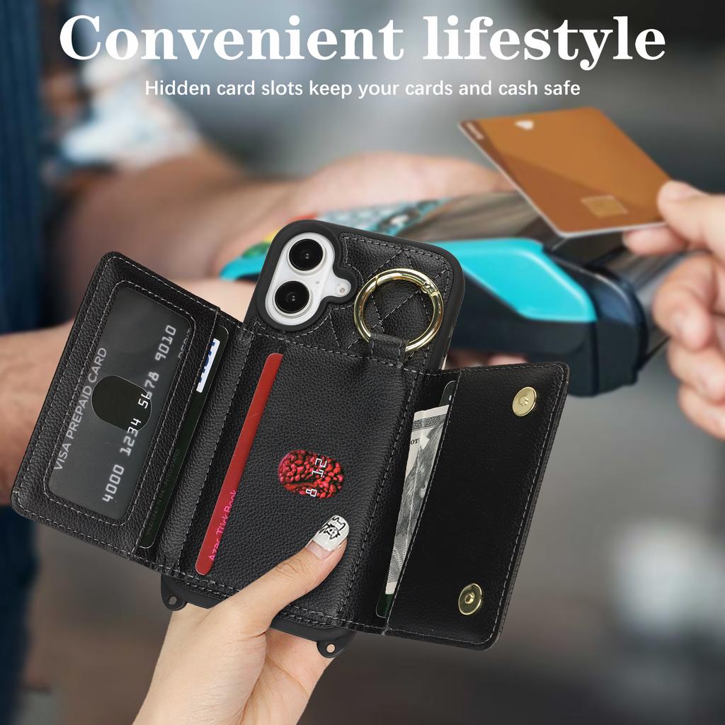 For iPhone 16 Case with Lanyard/Mirror/Card Holder Grids Pattern RFID Blocking Phone Cover