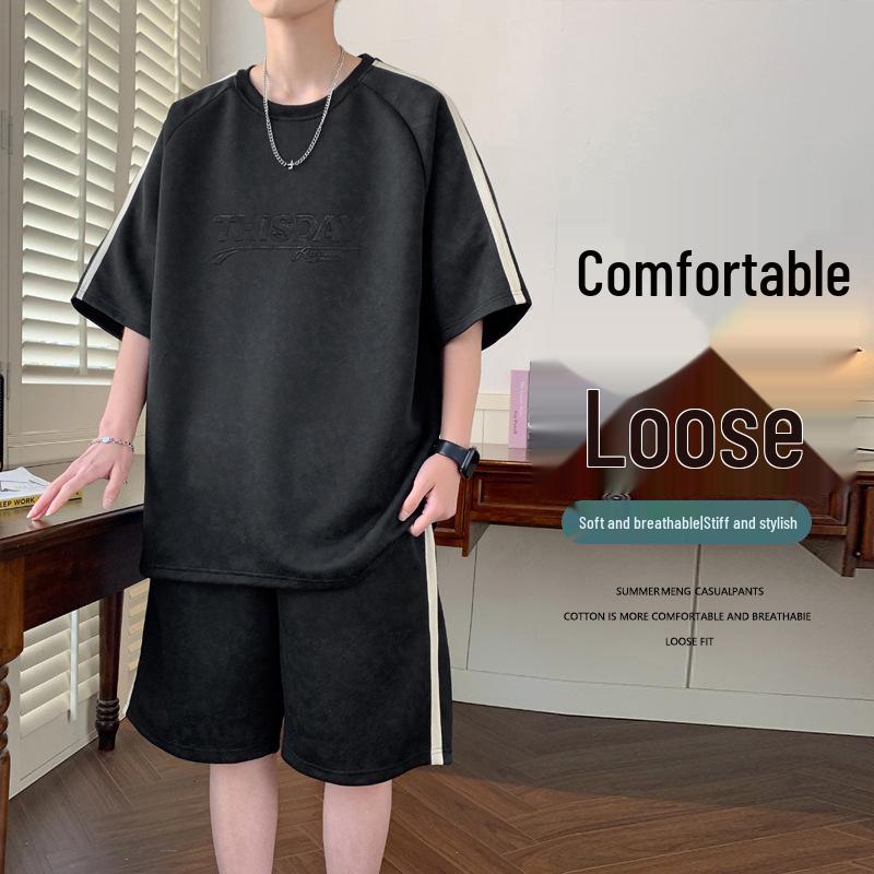 Men s Loose Summer Sport Suit: Faux Two-Piece Short-Sleeve T-Shirt & Capris Set M