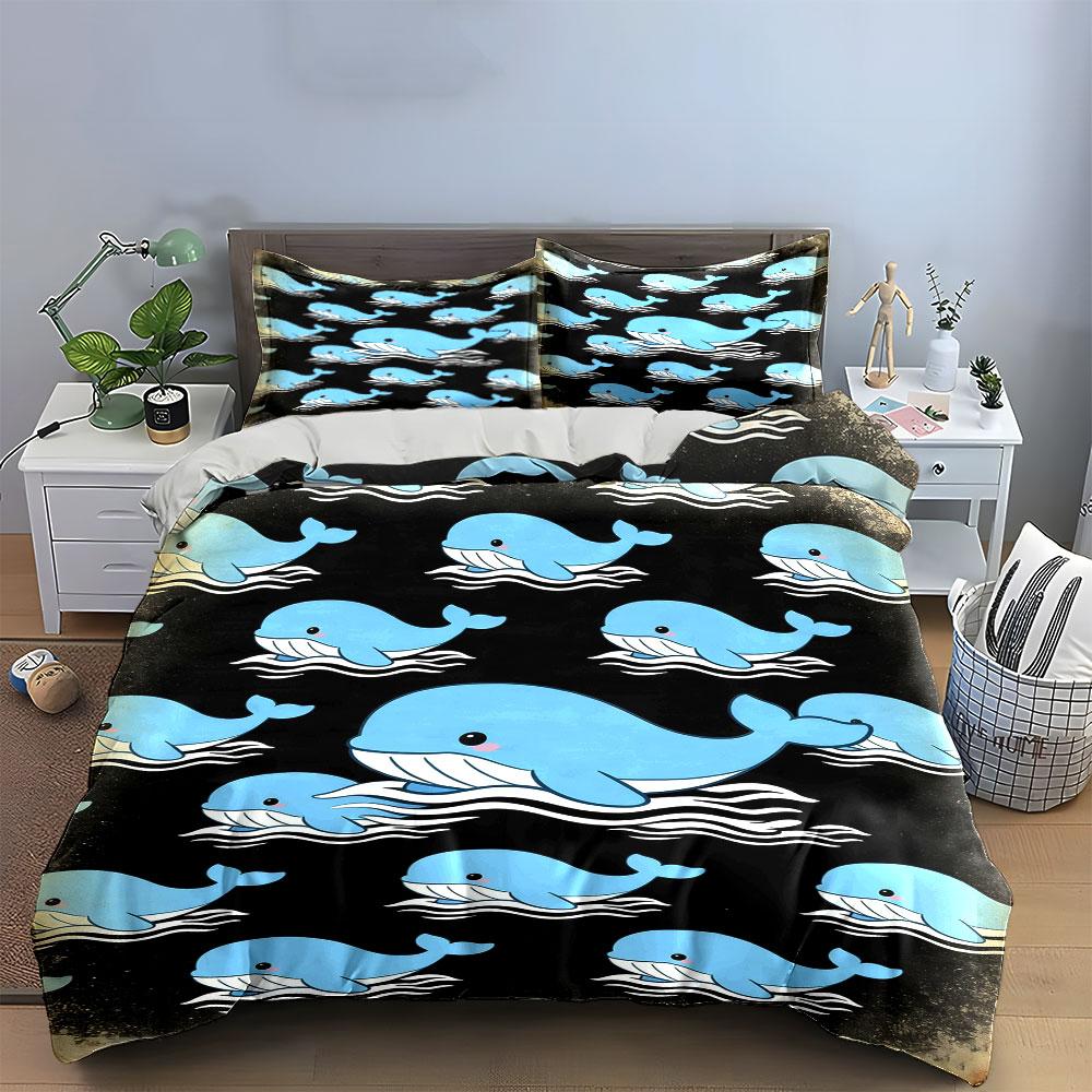 Blue whales on black. Bedding sets Duvet cover sets Duvet covers Pillowcases(1 * Duvet Cover 2 * Pillowcases without duvet insert)