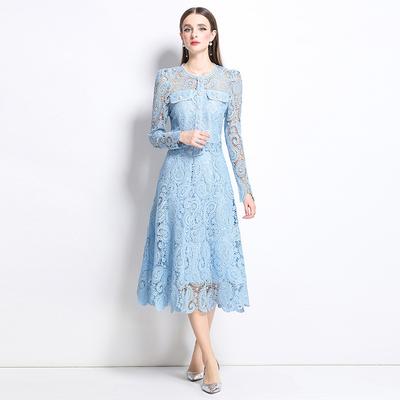Spring Autumn Women Little Fragrance Luxury Water Soluble Lace Two Piece Set Full Sleeve Blouses Top and Long Maxi Big Swing Skirt Suit