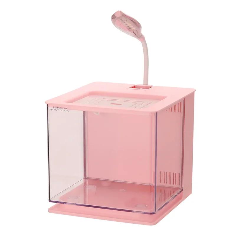 

Small Ecological Fish Tank Office Home Desktop Mini Aquarium with Filter Led Lighting Built-In Usb Water Pump Small Fish Tank USB Plug рожевий