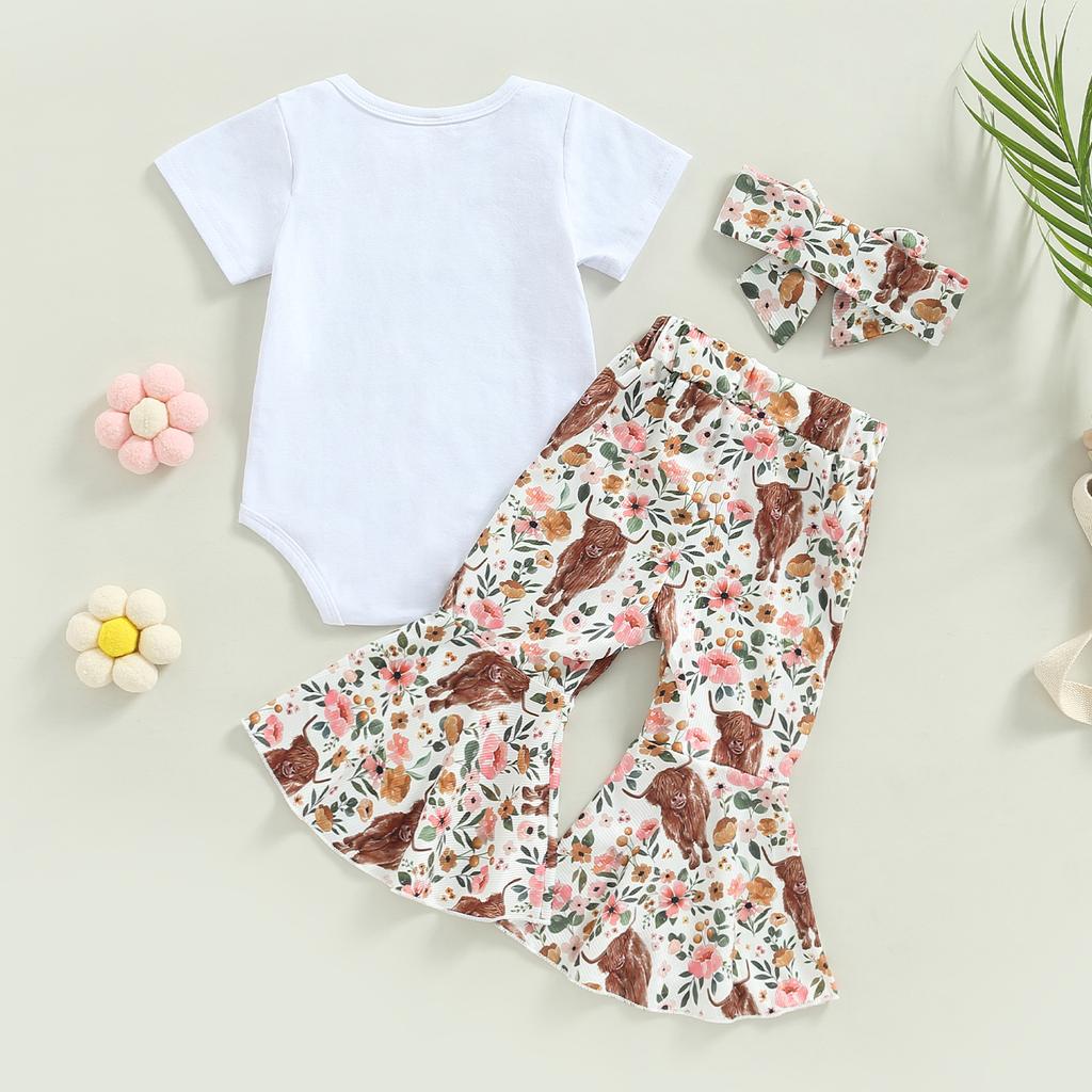 3-teiliges Baby Mädchen Frühlingsoutfit, Kurzarm-Strampler + Schlaghose mit floralem Kuhdruck + Stirnband-Set
