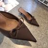 Fashion New Butterfly-knot Women Slipper 2025 Summer Pointed Toe Slip On Ladies Mules Thin Low Heel Satin Slide Sandals Zapatos Mujer