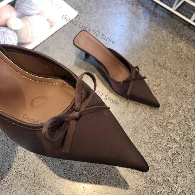 Fashion New Butterfly-knot Women Slipper 2025 Summer Pointed Toe Slip On Ladies Mules Thin Low Heel Satin Slide Sandals Zapatos Mujer