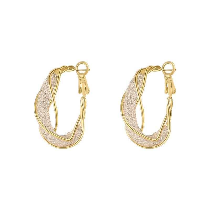 Elegant Shiny Mesh Design Rhinestones Hoop Earrings Vintage Gold Color Hollow Mobius Twisted Round Earrings Women's Jewelry