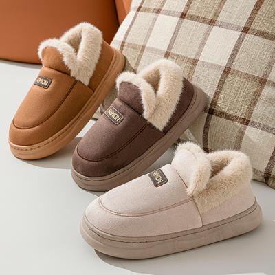 Fashion Winter Couple Style Concise Solid Color Wrap Heels Plush Slippers Non-slip Warm Flip Flops Women Men Home Casual Cotton Shoes
