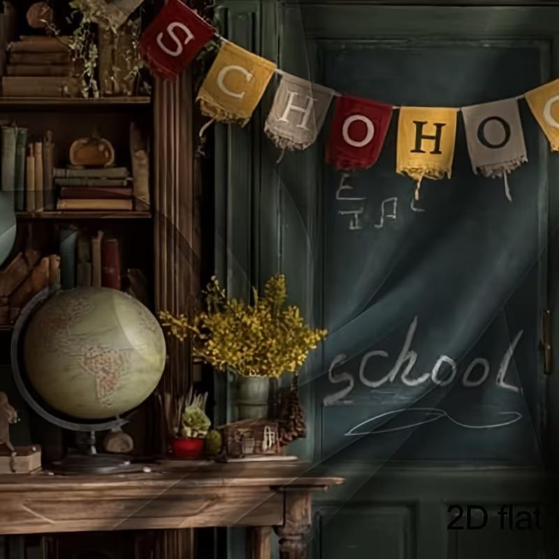 2D Flat Retro School Room Backdrop Vintage Book & Globe Photography Background