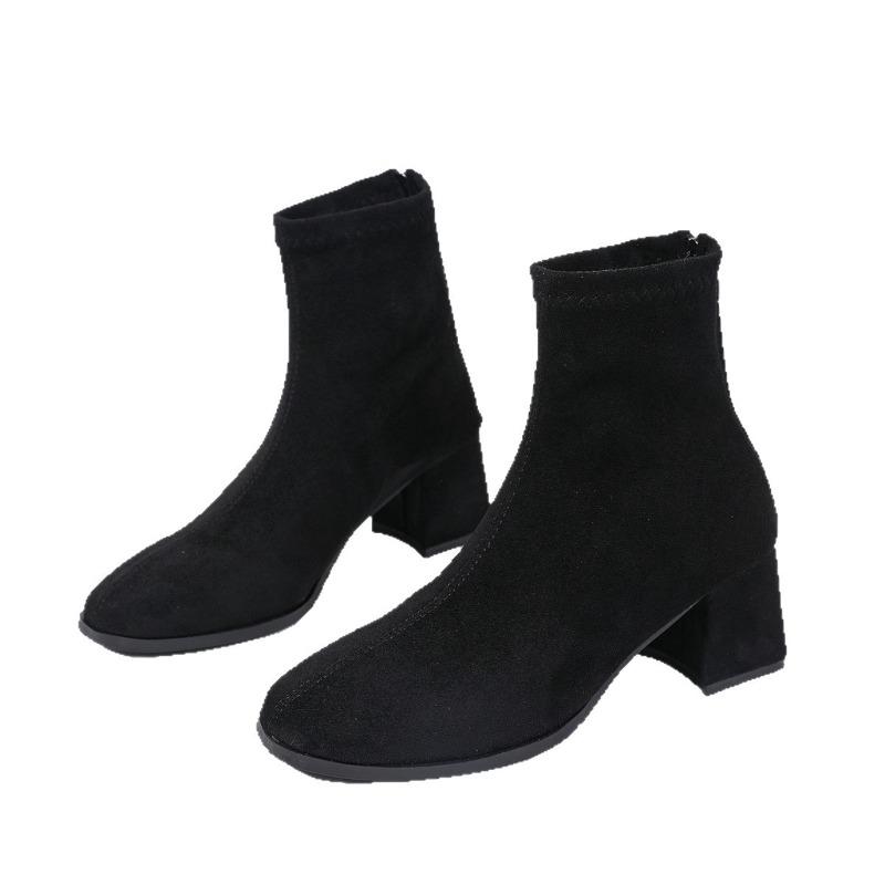 Women's Wide Width Square Toe Boots, Back Zipper High Heel Ankle Boots, Chunky Heel Fashion Booties for Women