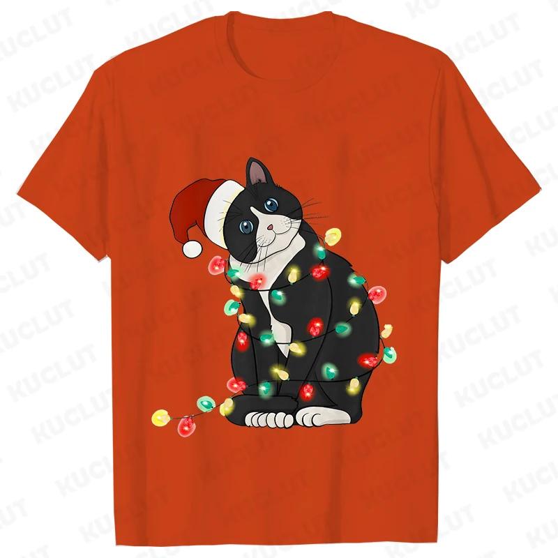Fashion Trendy T Shirt Short Sleeve Tees for Unisex Funny Christmas Lights Cat T Shirts Female Korean Casual Streetwear Tshirt