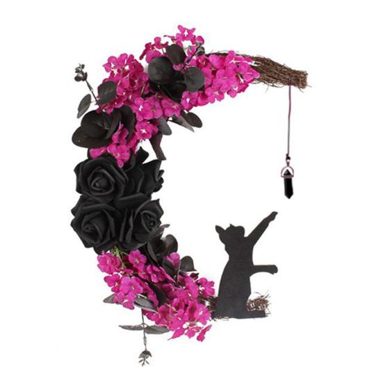 Halloween Wreath for Front Door Black Cat Moonlight Garland LED Lights Door Decor with Purple Flowers Indoor Outdoor Spooky Party Decoration