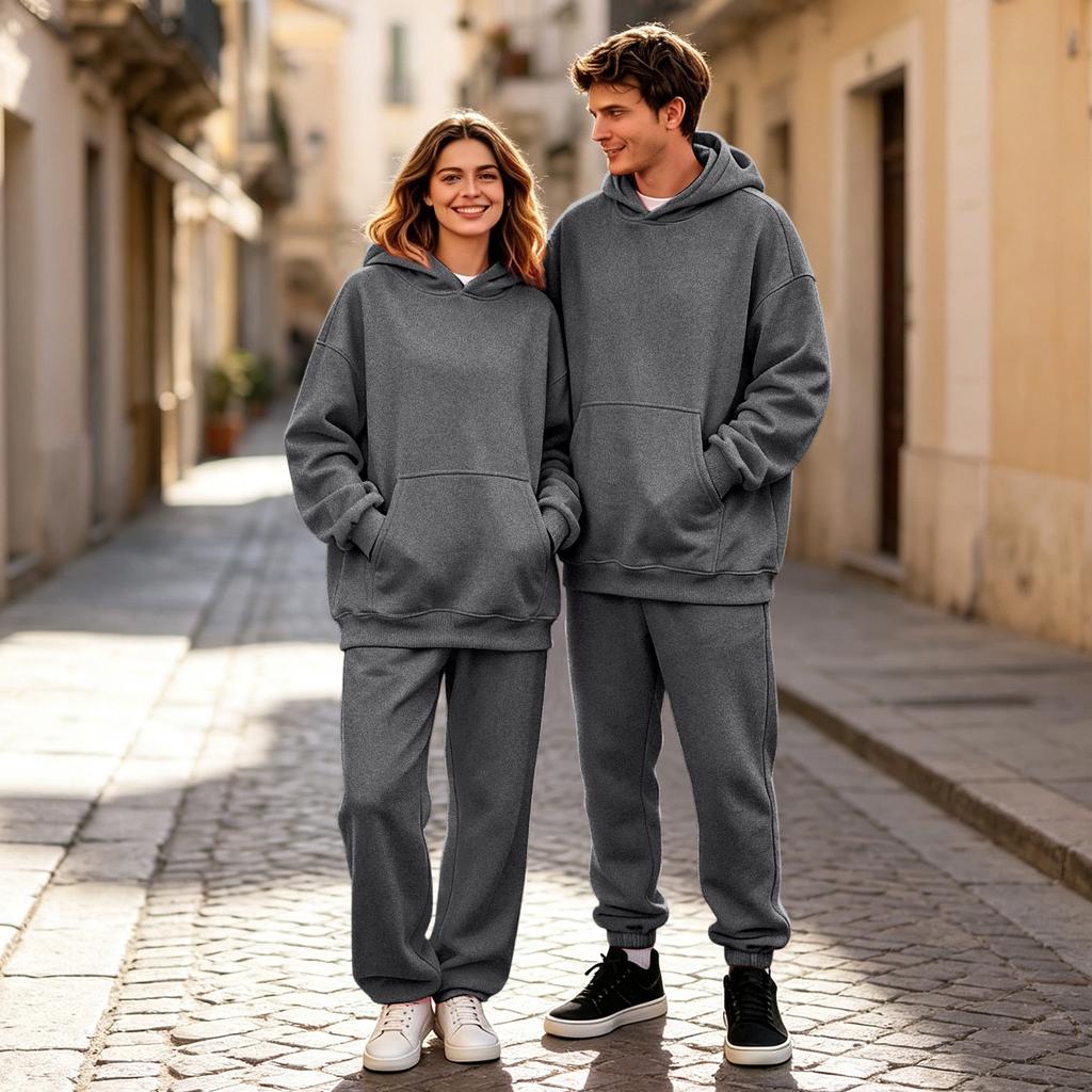 Unisex -Lined Hooded Sweatshirt Set with Print, Casual Streetwear for Men and Women