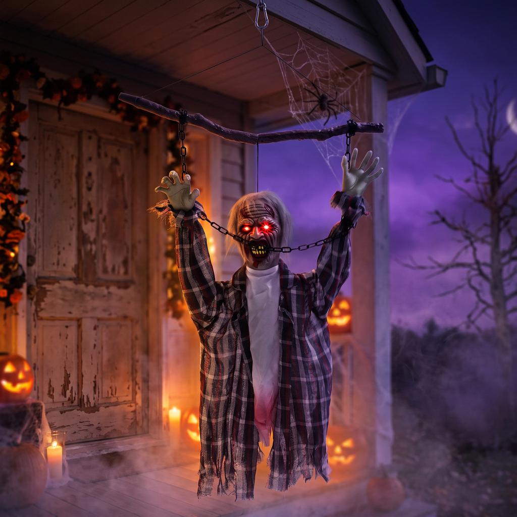 110 Cm Animated Hanging Halloween Decoration, Screaming Zombie, Sound & Touch Activation, Red LED Eyes