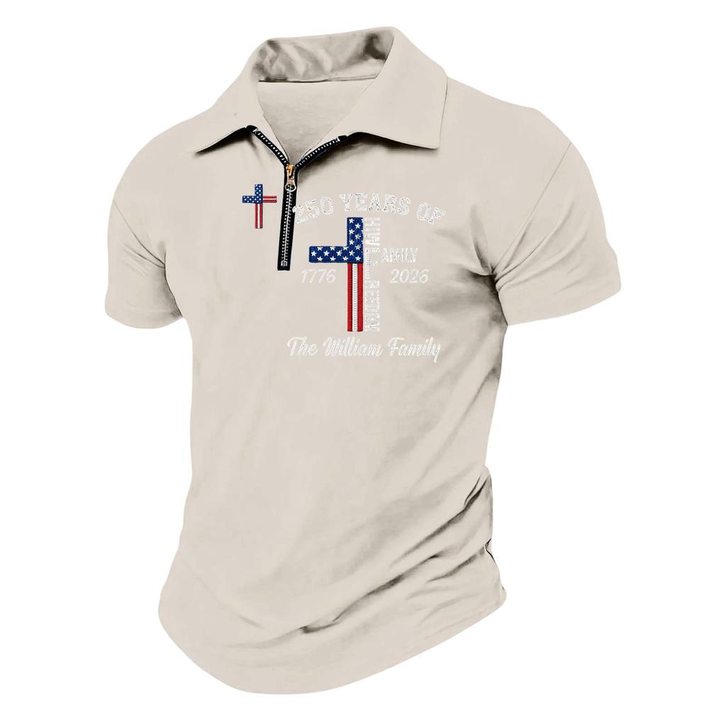 Men’s Short Sleeve Polo Shirt with Zipper Collar and Printed Cross Pattern Casual Soft Comfortable Top for Everyday Wear