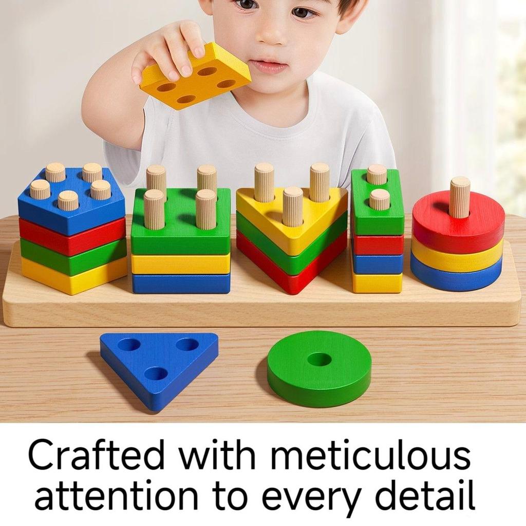 Montessori Geometric Stacking Peg Toy Early Learning Educational Shape Sorting Building Blocks for 1-3 Years Old Boys Girls