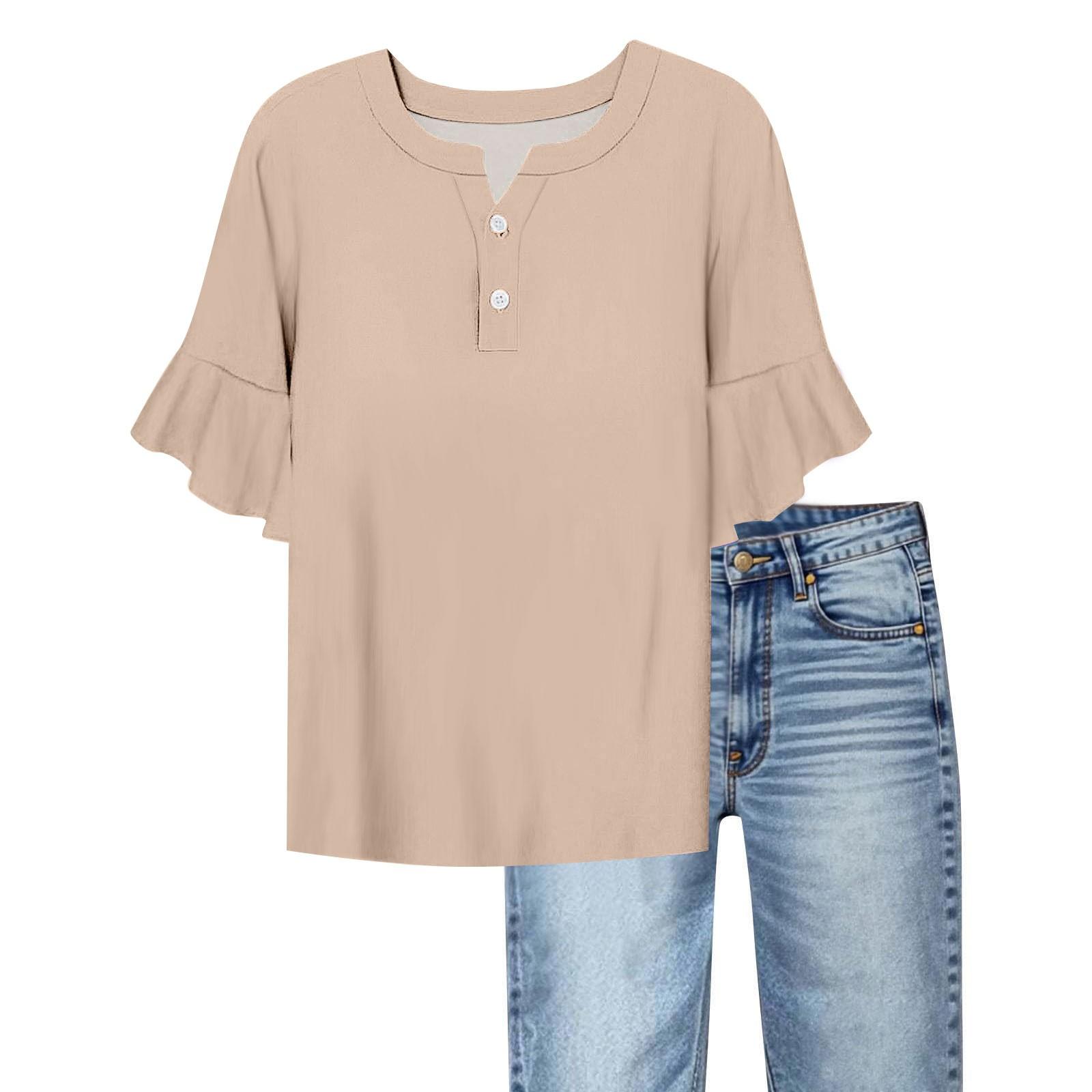 

Women s Casual Fashion V-neck Ruffled Trumpet Sleeves Loose Versatile Solid Color Short Sleeves L бежевий