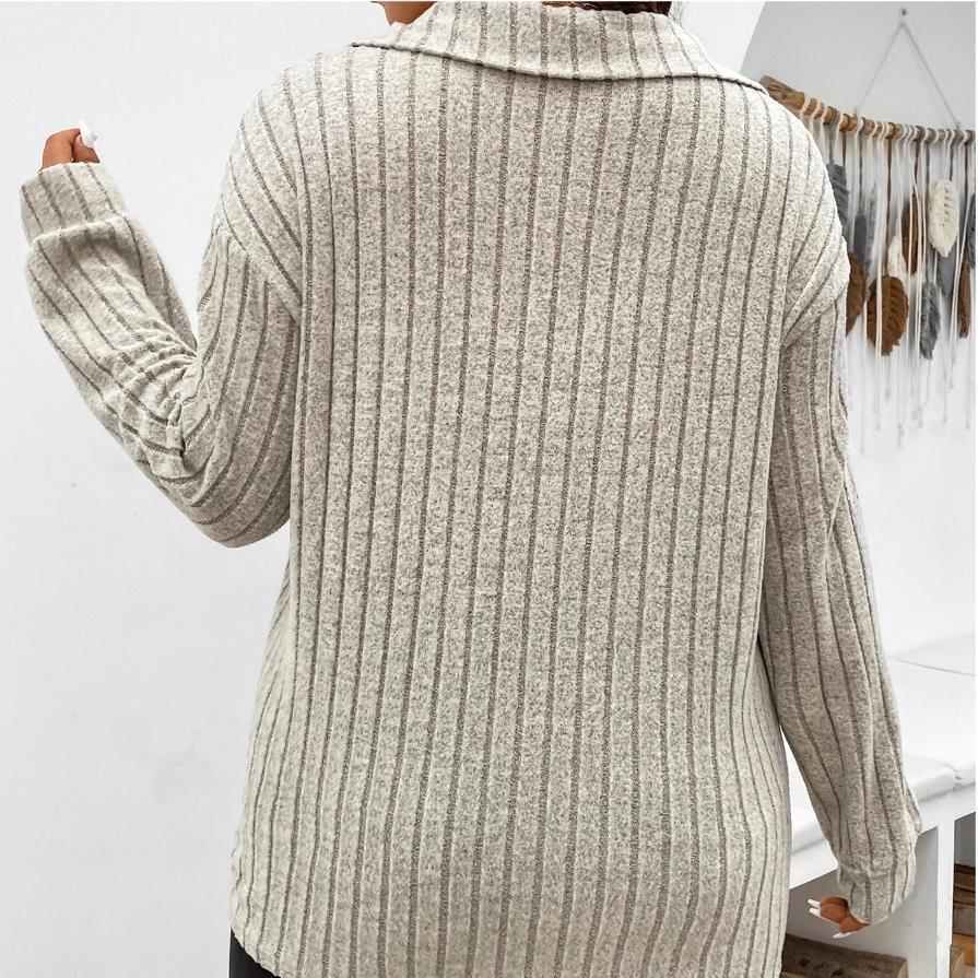 Autumn Winter Large Size Women's Solid Color Tops V-shaped Lapel Collar Pit Striped Brushed Long Sleeve T-shirt