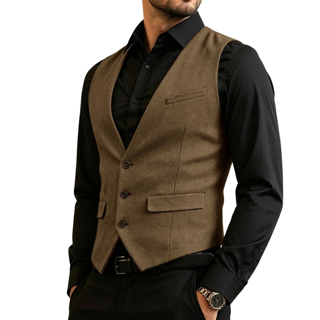 Herren Business Weste Slim Fit Formale Weste Knopfleiste Anzugweste mit Mehreren Taschen für Büro und Freizeit