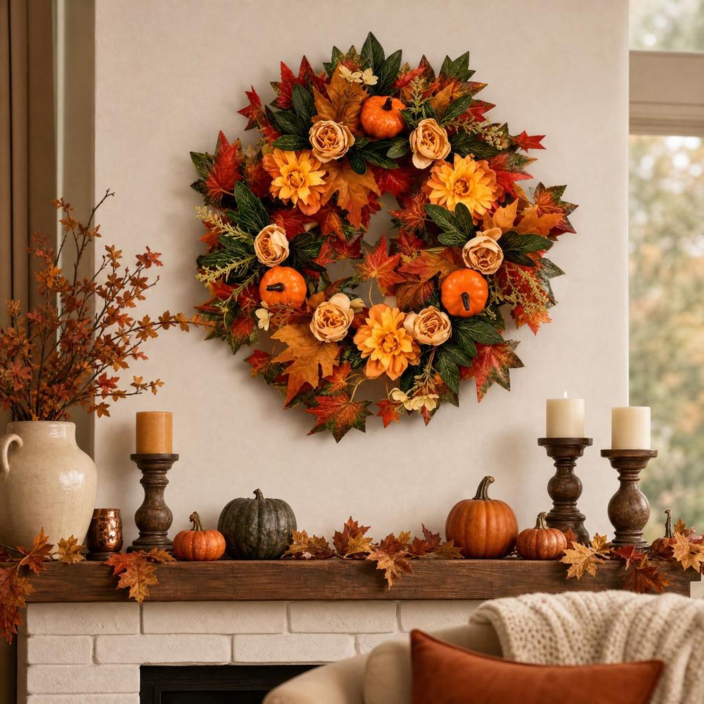 Artificial and Pumpkin Wreath for Thanksgiving Fall Door Decoration