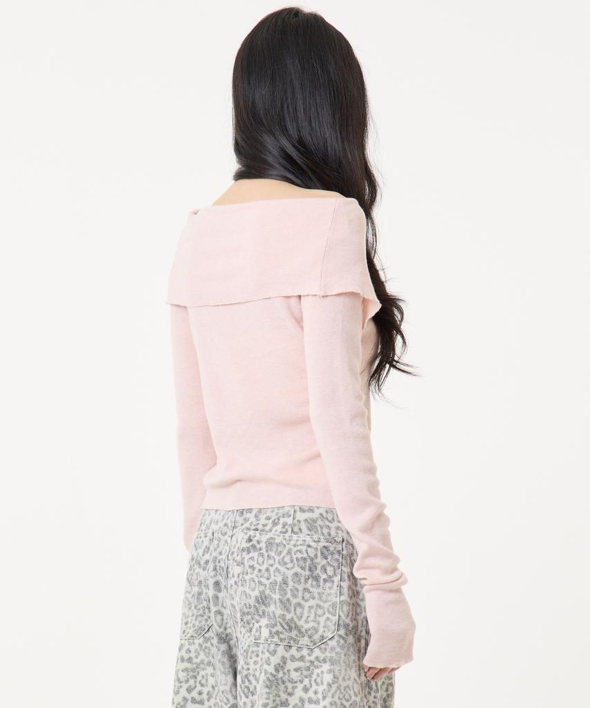 UNKNOWN PLANET Ring Snap Off-Shoulder Long Sleeve Knit Top Pink