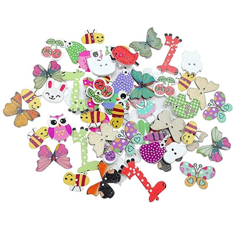 50PCS Wooden Buttons Natural Wood 2-Holed Fastener Buttons for Sewing Knitting Handcraft  Cartoon Animals Printing Patterns