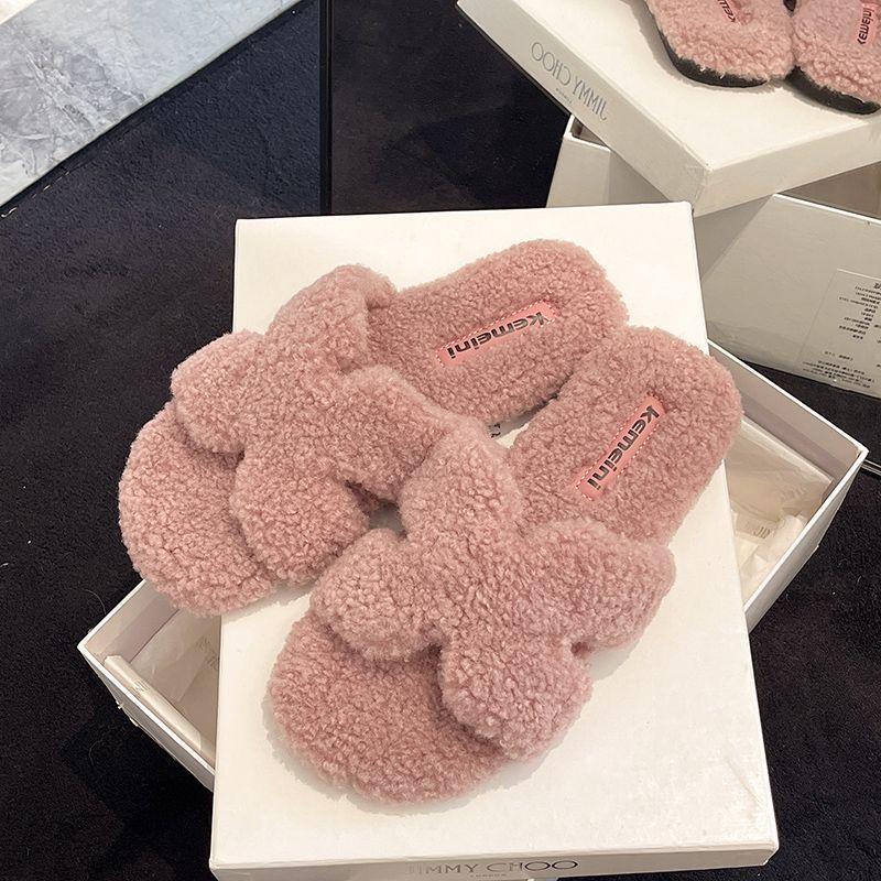 Mao Mao Slippers Women Wear Autumn and Winter 2025 New Super Fire Internet Celebrity Teddy Wool Flat Lamb Wool One-word Cotton Mop